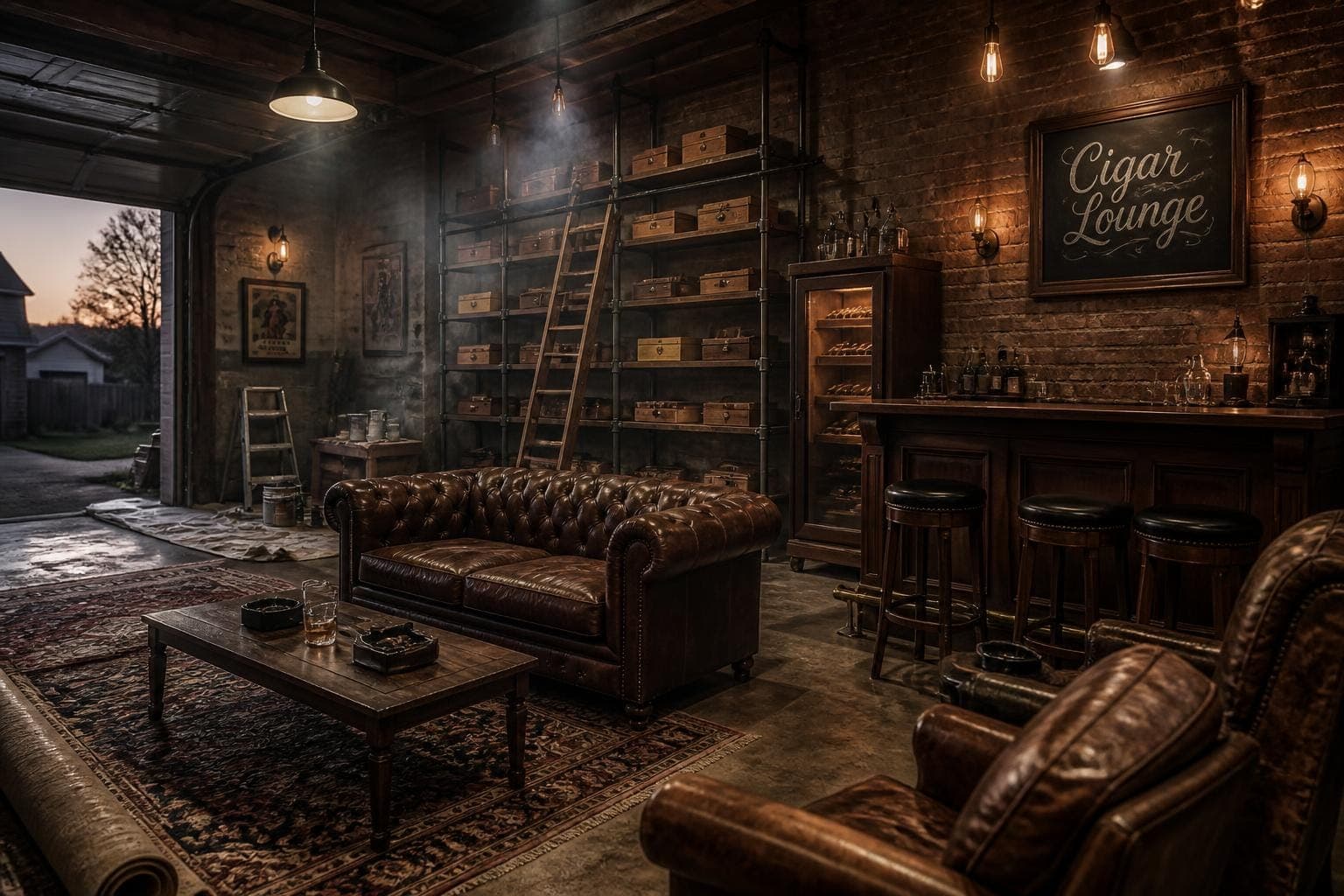 A stylish home basement cigar room with industrial decor, brick walls, and ventilation systems