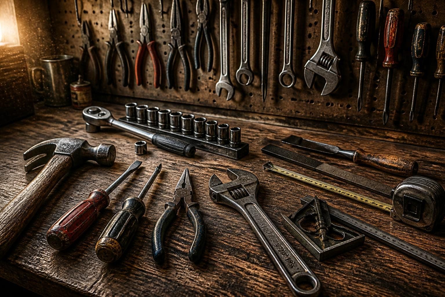 Collection of precision steel cigar cutters and lighters laid out on a dark leather surface